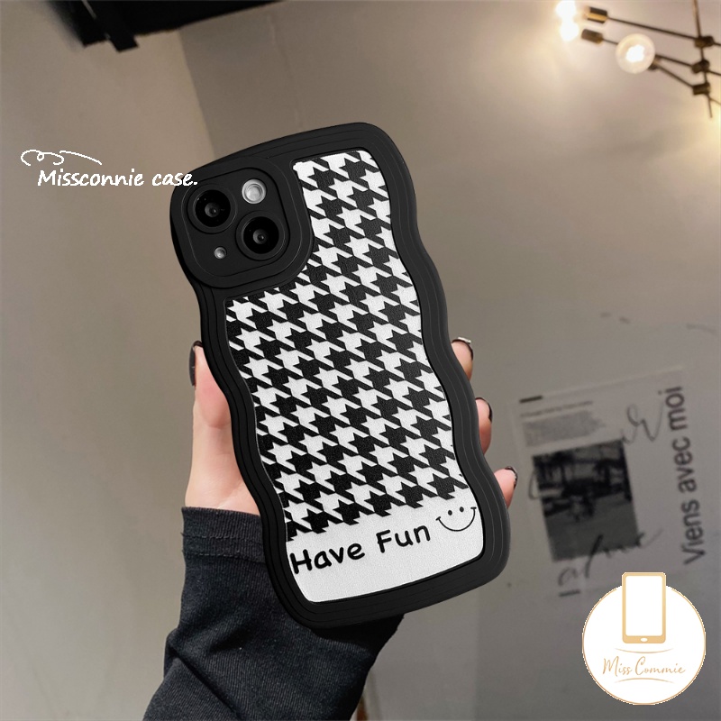 Soft Case Hitam Motif Houndstooth Untuk iPhone 11 14 12 13 Pro Max XR 7 8 6 6s Plus 14 Plus X XS Max SE 2020