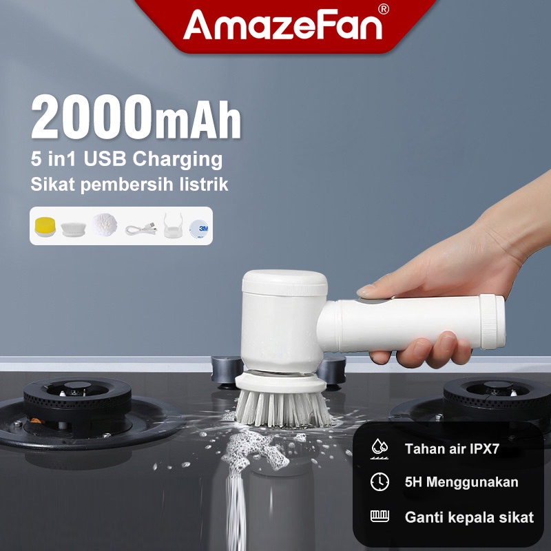 AmazeFan Nirkabel sikat pembersih sikat elektrik 5in1 brush  electric lantai Dapur alat cuci piring wc toilet sikat  dinding kamar mandi listrik 2000mAh brush cleaner IPX7 tahan air pengisian daya usb 3 kepala pengganti Portabel Dapat digantung di dinding