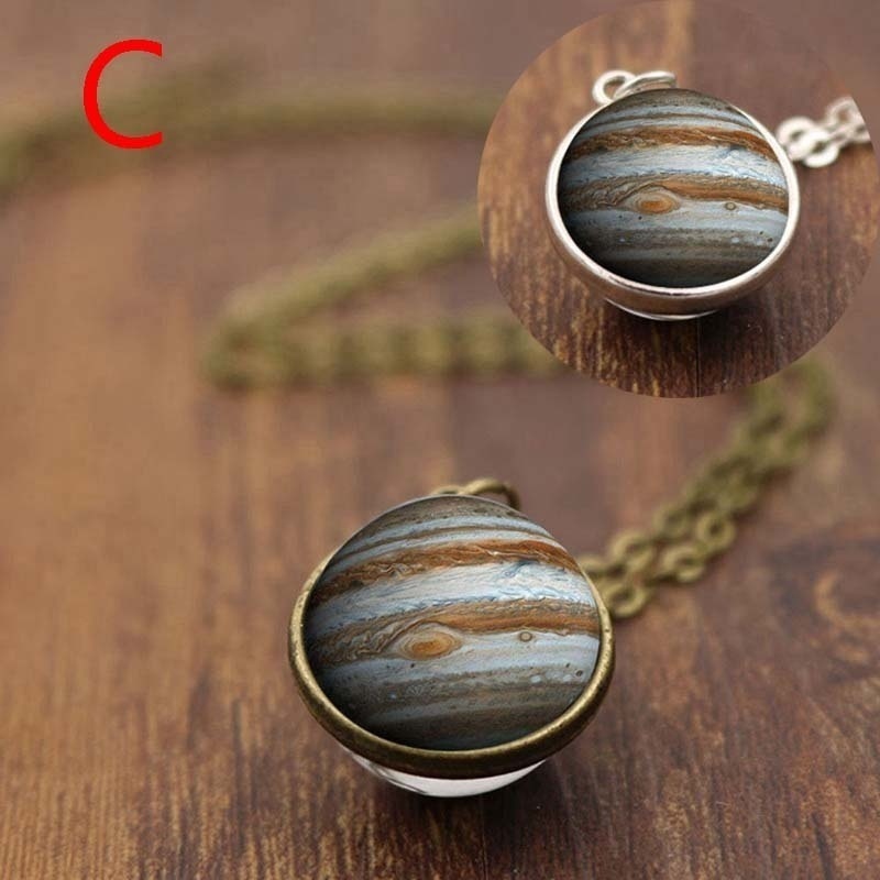 Kalung Liontin Bola Kaca Dua Sisi Motif Galaksi Matahari Bumi Jupiter Mars Untuk Pria Dan Wanita