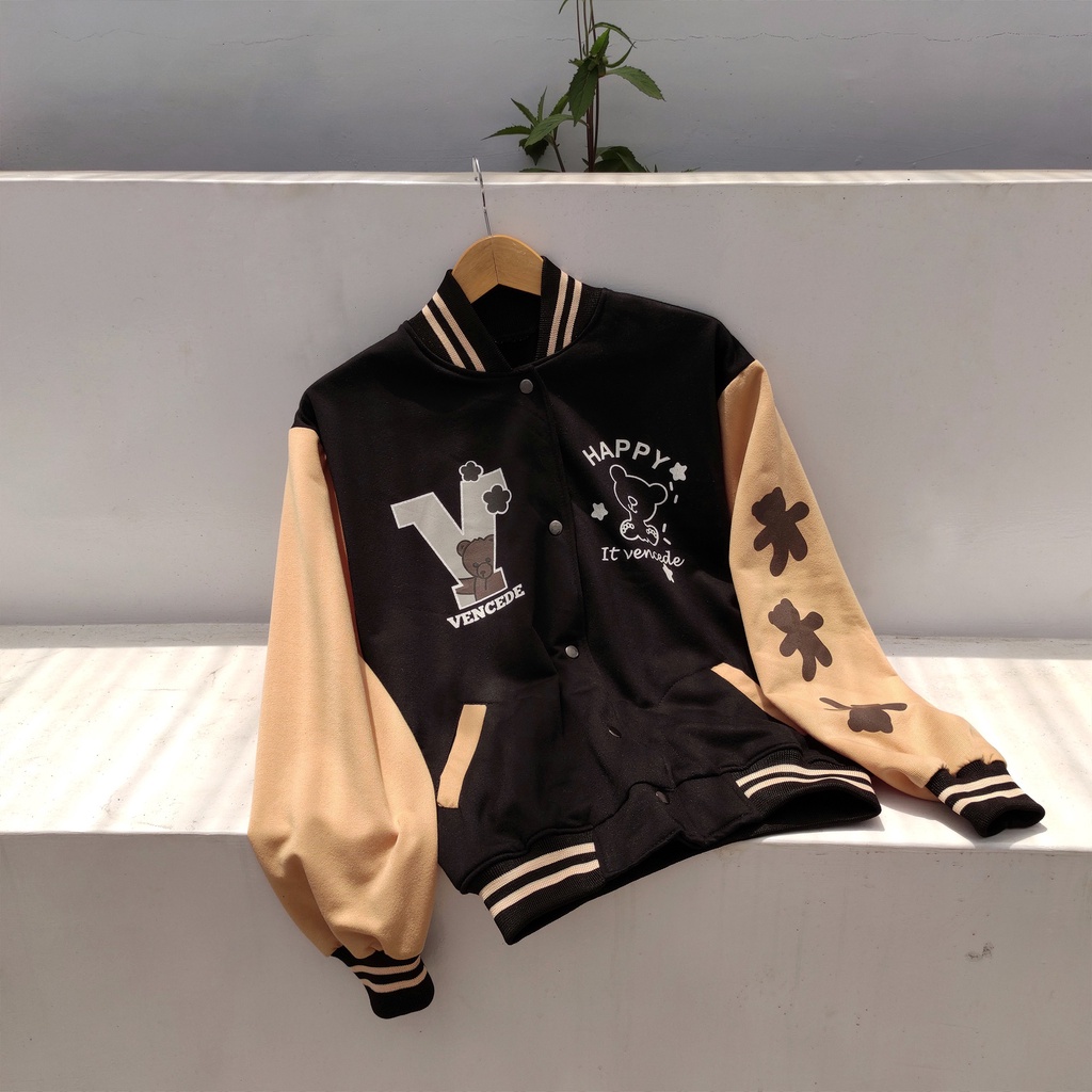 Jacket Baseball Varsity V Bear - Korean Style - Wanita Dan Pria - Bahan Fleece