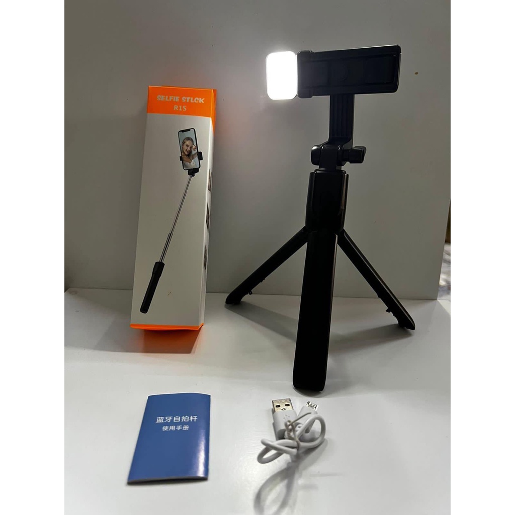 Tongsis Bluetooth Led R1S 3in1 Remote Selfie Stick Tripod 360