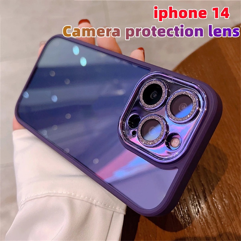 Pelindung Kamera shockproof case for iphone 14 pro max 13 12 11 pro max ungu Aesthetic Clear transparent diamond flashing hard back cover protection case