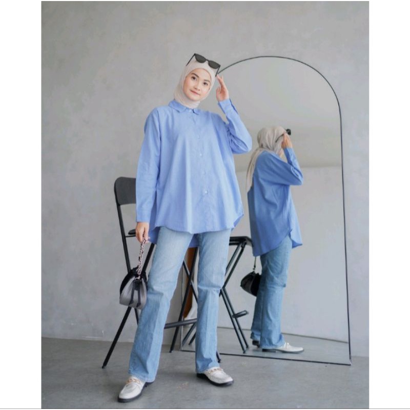 Atasan Kemeja Linen Wanita Oversize Pocket - Kemeja Basic Wanita