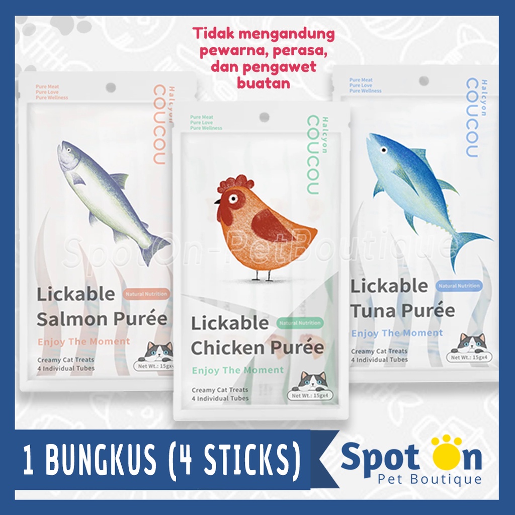 Coucou Puree Cat Creamy Treats Premium 4 x 15 gr | Cou Cou Snack Liquid Kucing Daging Asli Sehat Salmon Tuna Ayam