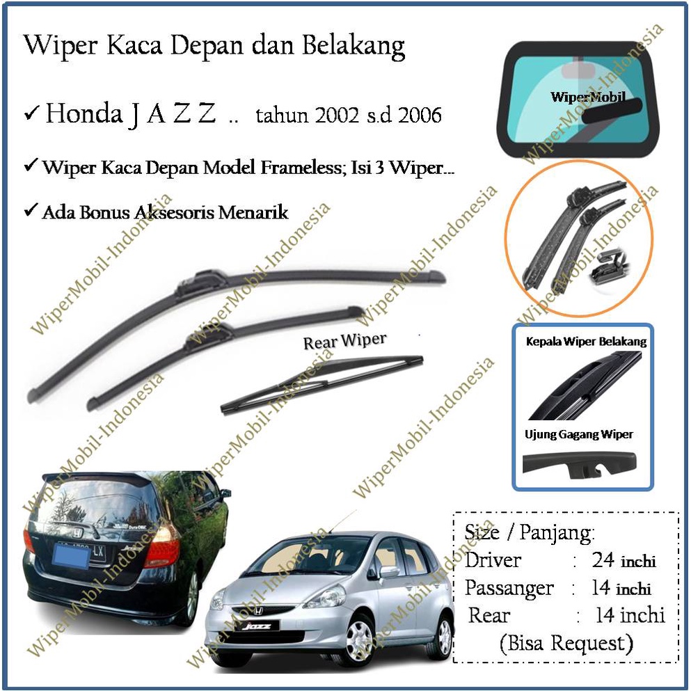 Wiper Frameless Biasa Honda Jazz 2002 2003 2004 2005 2006 2007 Kaca Depan dan Belakang