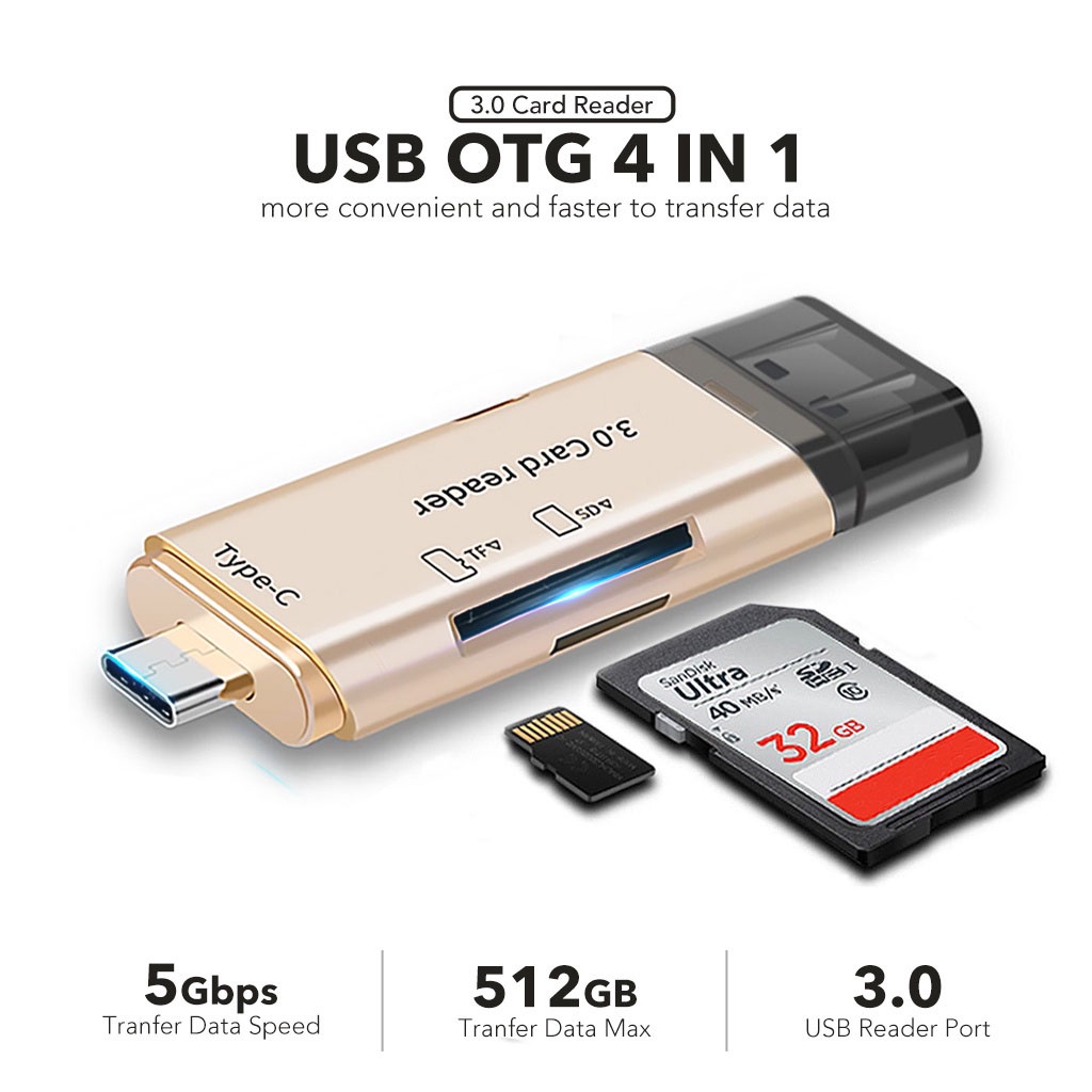 CardReader 4 in 1 USB 3.0 / Type C / SD Card / TF Memory Card Read OTG Adapter Card Reader CR202 2 in 1 USB 3.0 Type-C OTG Memory Card Adapter Micro SD TF Grey