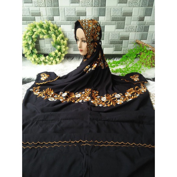 Mukena Mukenah Lajuran Terusan Katun warna hitam Iner ciput Bordir