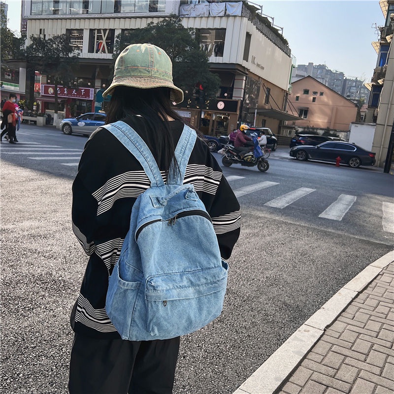 Sera Vintage Dicuci Ransel Denim Retro Tas Sekolah Kapasitas Besar Wanita SMA Mahasiswa Korea Tas Travel Pasang