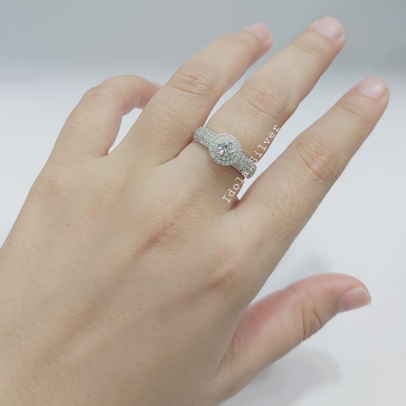 CINCIN PERAK ASLI SILVER WANITA 925 LAPIS EMAS PUTIH MODEL BULAT PERMATA KELILING - PERHIASAN PERAK ASLI