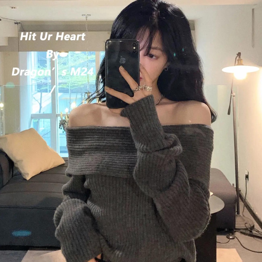 Suhao seksi off-the-shoulder satu-leher sweater wanita longgar gaya malas musim gugur dan musim dingin kualitas tinggi one-shoulder sweater pakaian rajut