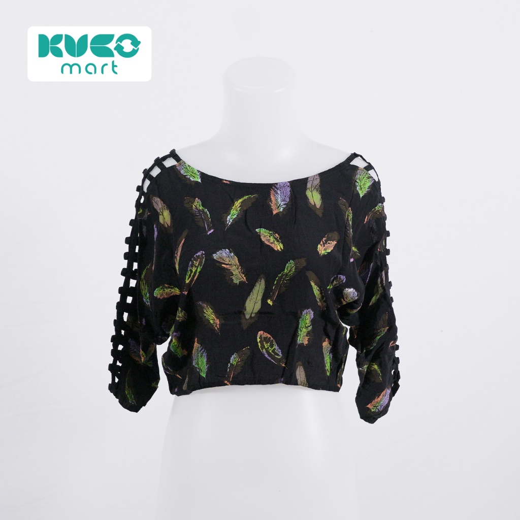 Crop Top Motel Rocks Hitam Motif Bulu Burung