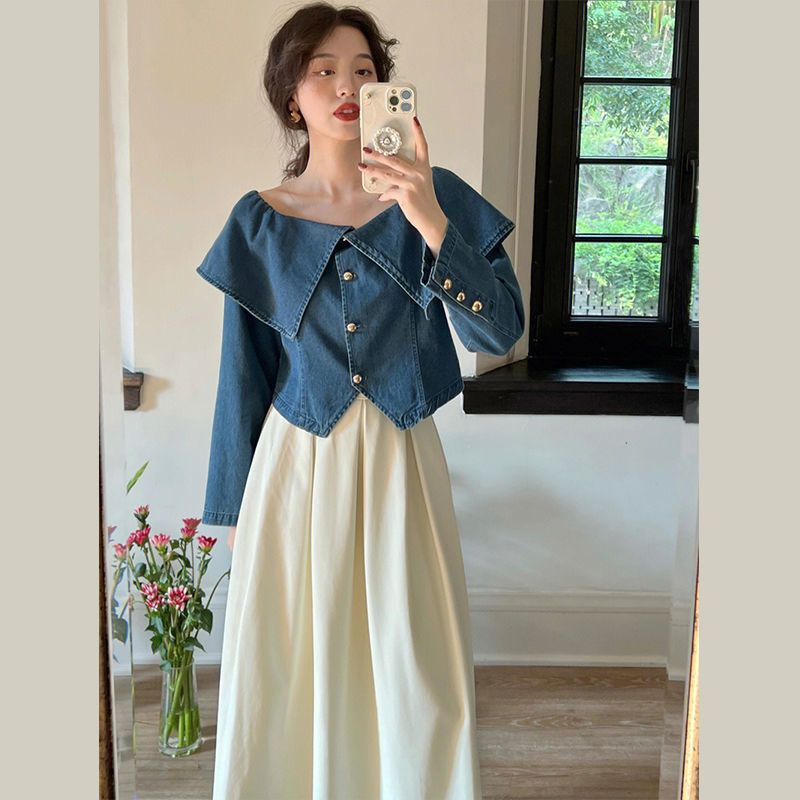 Suhao Suit Wanita 2022 Musim Gugur Baru Bahasa Perancis Retro One-Shoulder Denim Top Tinggi Pinggang Rok Setelan Jas Wanita