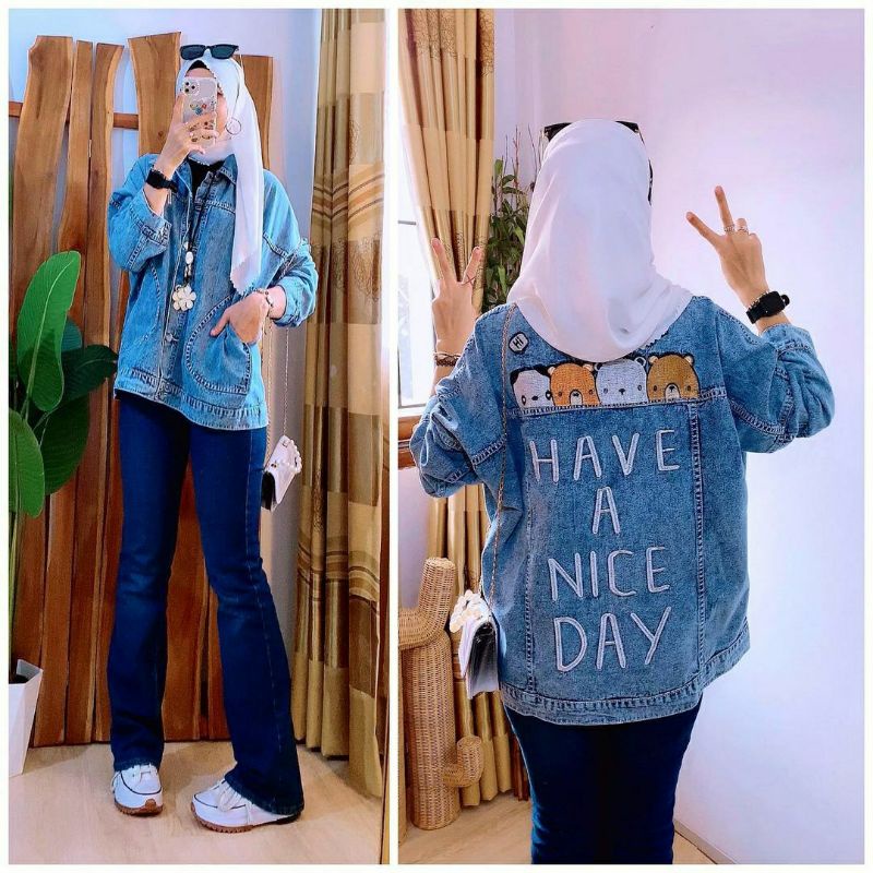 Nice Day Jacket Jeans, JAKET JEANS WANITA CANTIK MODIS JUMBO FIT XXXL LD 130 BAHAN JEANS WASH TEBAL PREMIUM MIX BORDIR TERMURAH OOTD