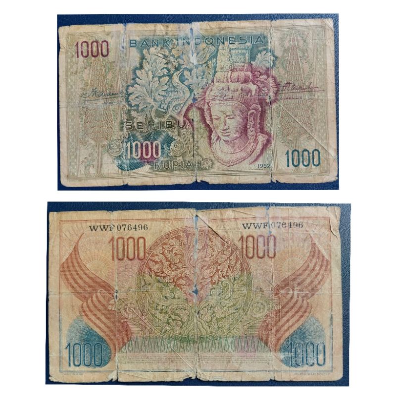 Uang Kuno Indonesia Series Budaya 1000 Rupiah tahun 1952 Kondisi VF -Fine geripis Dijamin Original 1