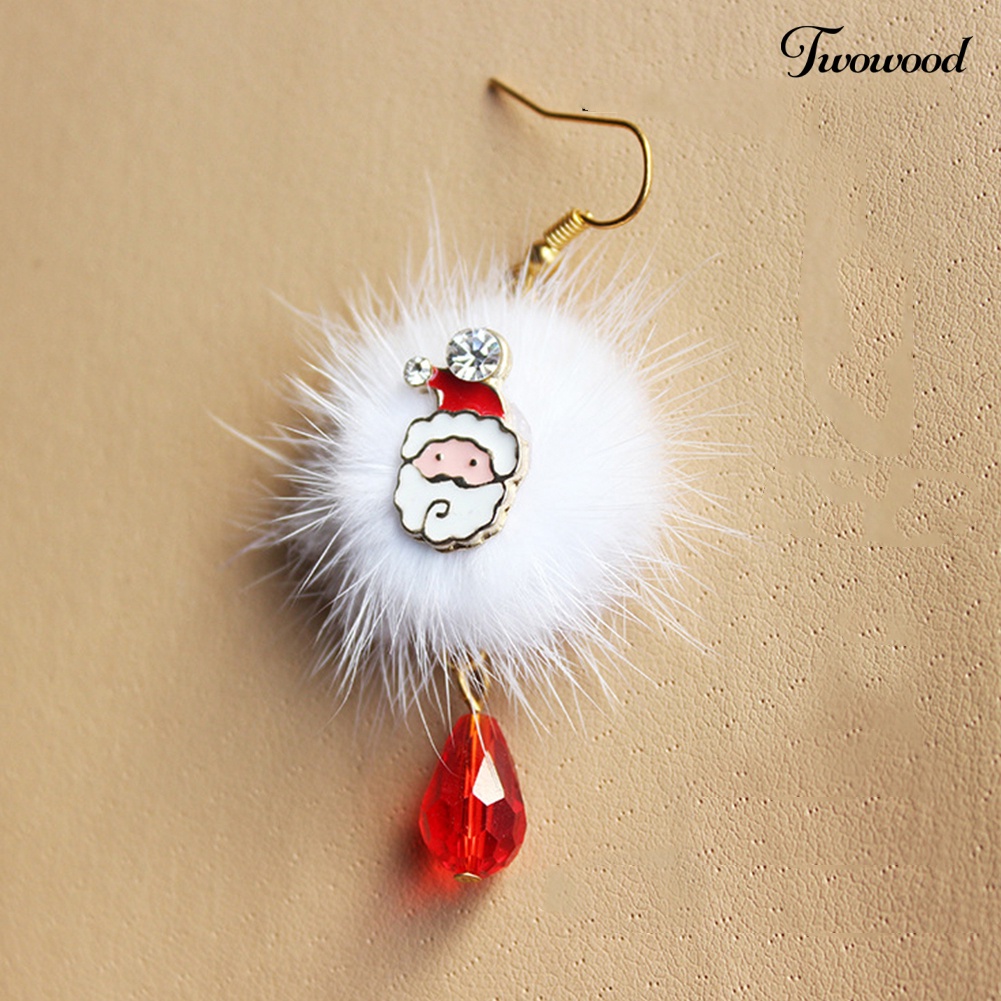 Anting Hook Desain Santa Claus Elk Pompom Aksen Berlian Imitasi Untuk Wanita