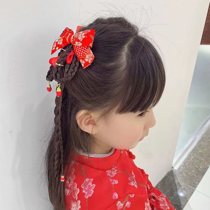 DELUNASHOP SET JEPIT RAMBUT CHINA HANFU MODEL KIPAS BULU BULU FASHION ANAK PITA QIPAO MERAH