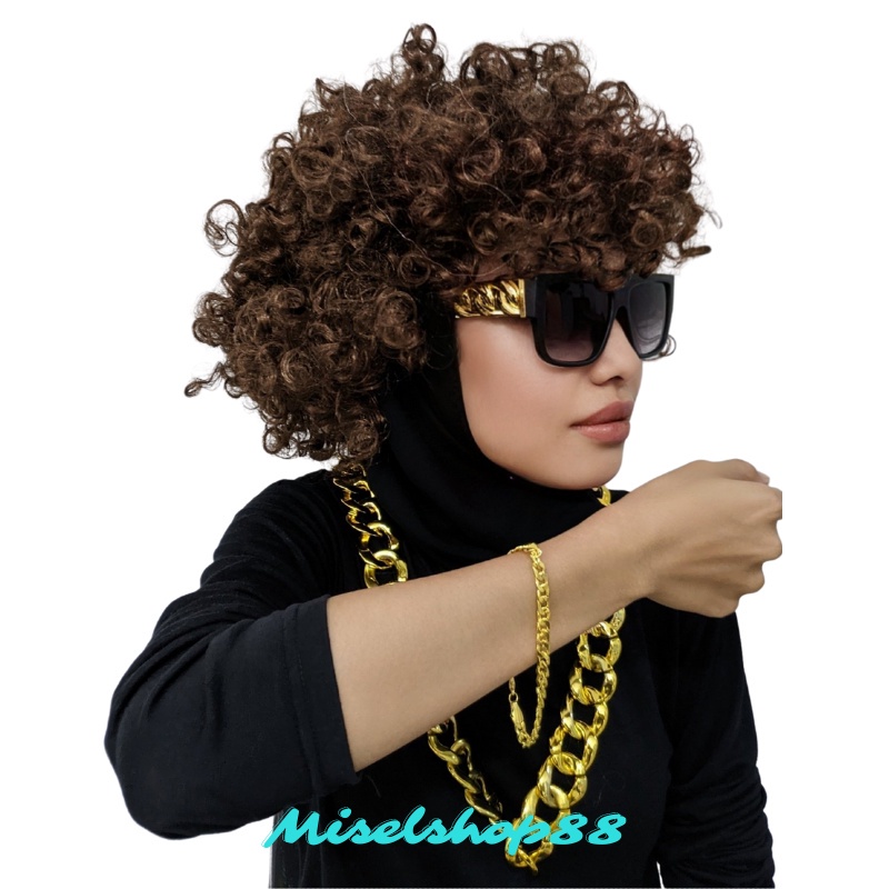 paket kostum hiphop wig kacamata kalung gelang