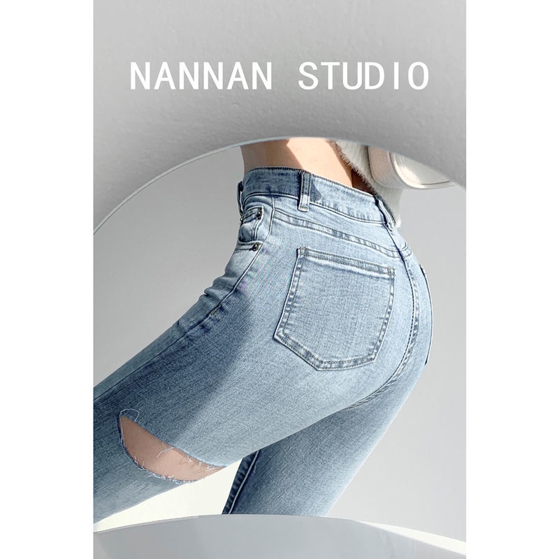 Suhao Ripped Jeans Wanita High Waist Slimming All-Match Tas Hip Slim-Fit Celana Pensil 2022 Musim Panas Baru Kurus celana Pensil