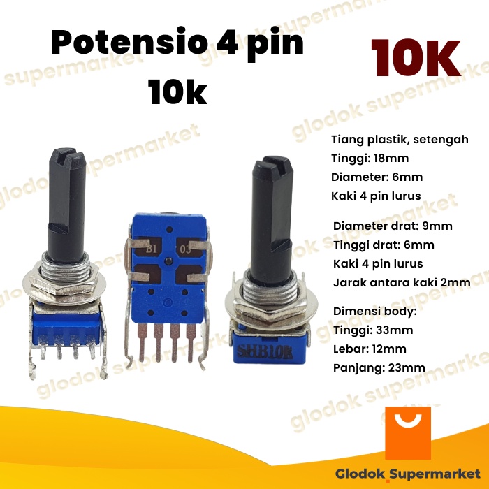 Potensio 4 pin 10k Drat Stereo Kaki 4 Lurus Segi Biru 103