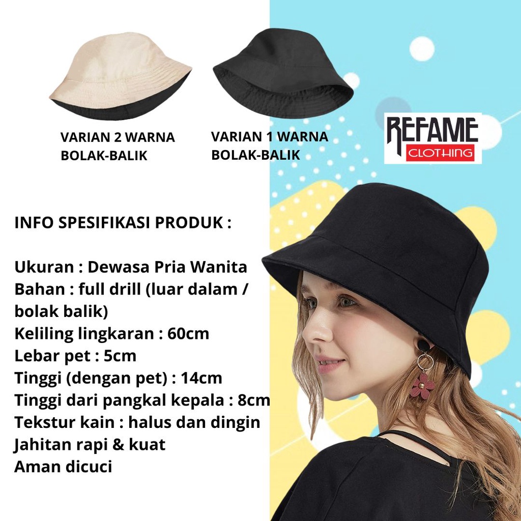 Topi Bucket Hat Bolak Balik Polos 2 Warna Topi Bucket Laki Laki Perempuan Premium