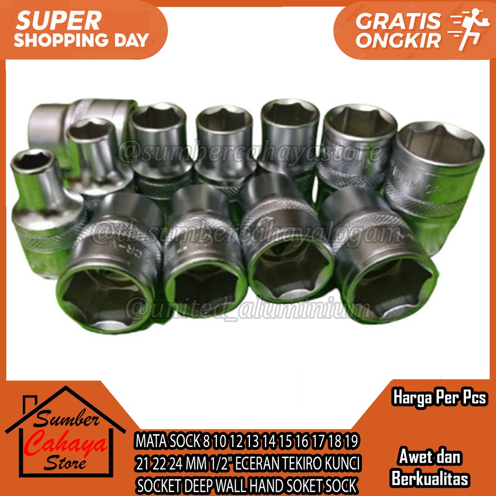 MATA SOCK 8 10 12 13 14 15 16 17 18 19  21 22 24 MM 1/2" ECERAN TEKIRO KUNCI SOCKET DEEP WALL HAND S