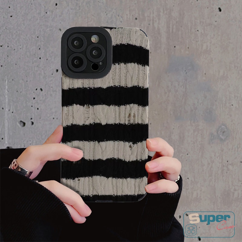 Soft Case Bahan Kulit Tekstur Garis Hitam Putih Gaya Retro Untuk iPhone XR 11 14 13 12 Pro Max X XS Max 7 8 Plus