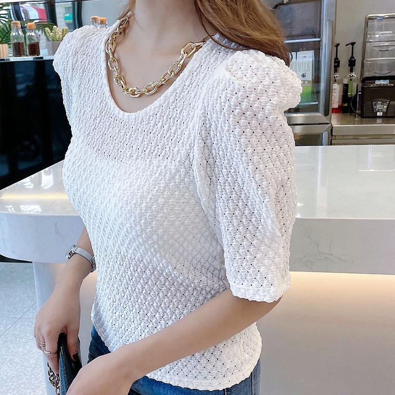 【Blossom】Sleeve Tops Crewneck Shirt Soft Lightweight Knit Blouse 7159