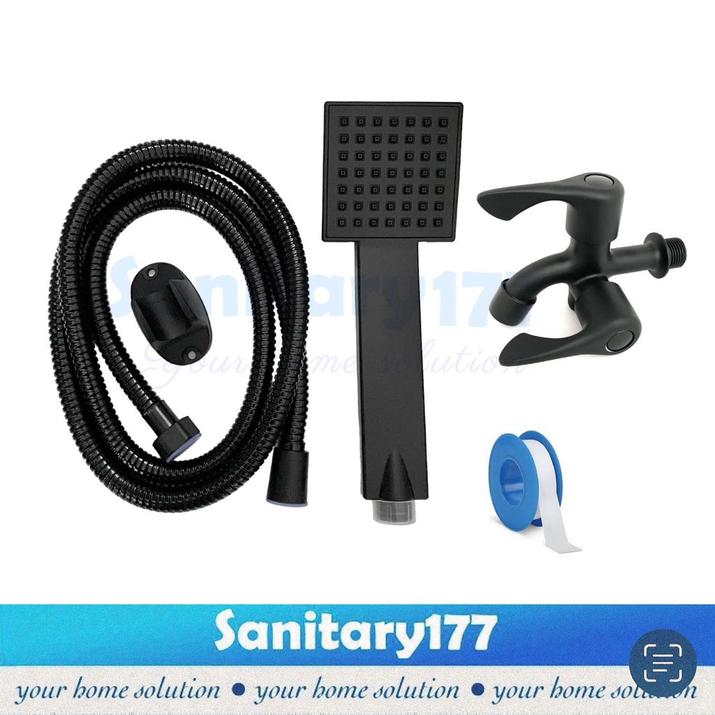 Paket Hand shower KOTAK HITAM 3017-51B- Handshower mandi set abu gray grey semprotan sower mandi dan kran cabang BLACK