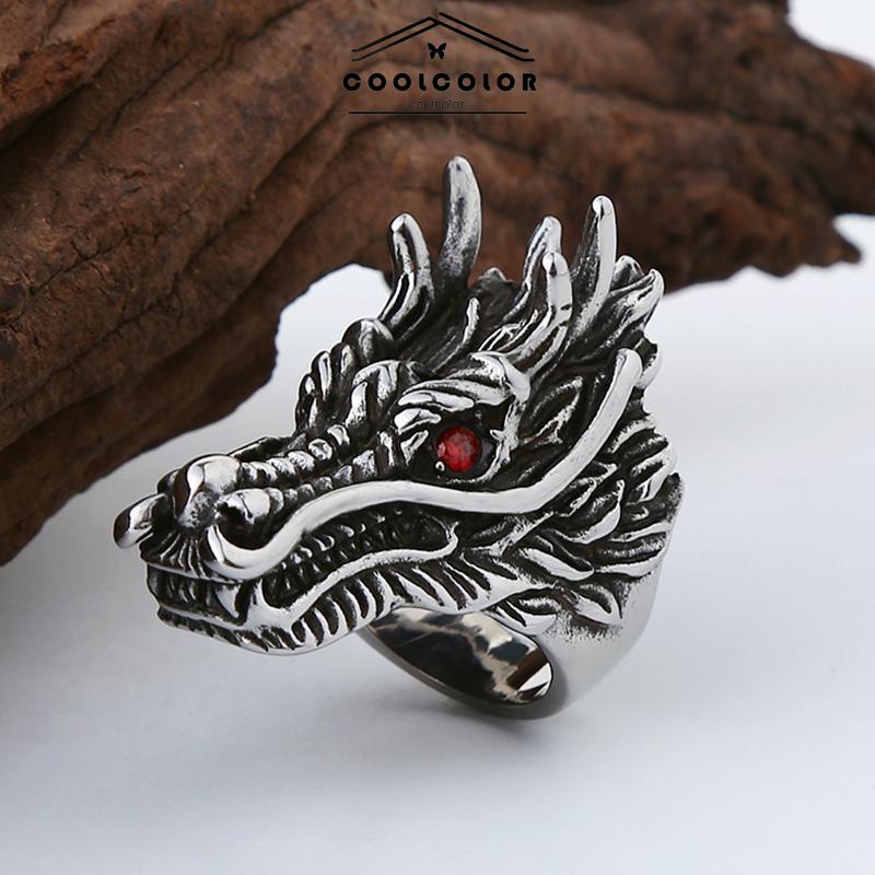 COD❤️Cincin Desain Ukiran Kepala Naga Bahan Cubic Zirconia Gaya Punk Untuk Pria- cl