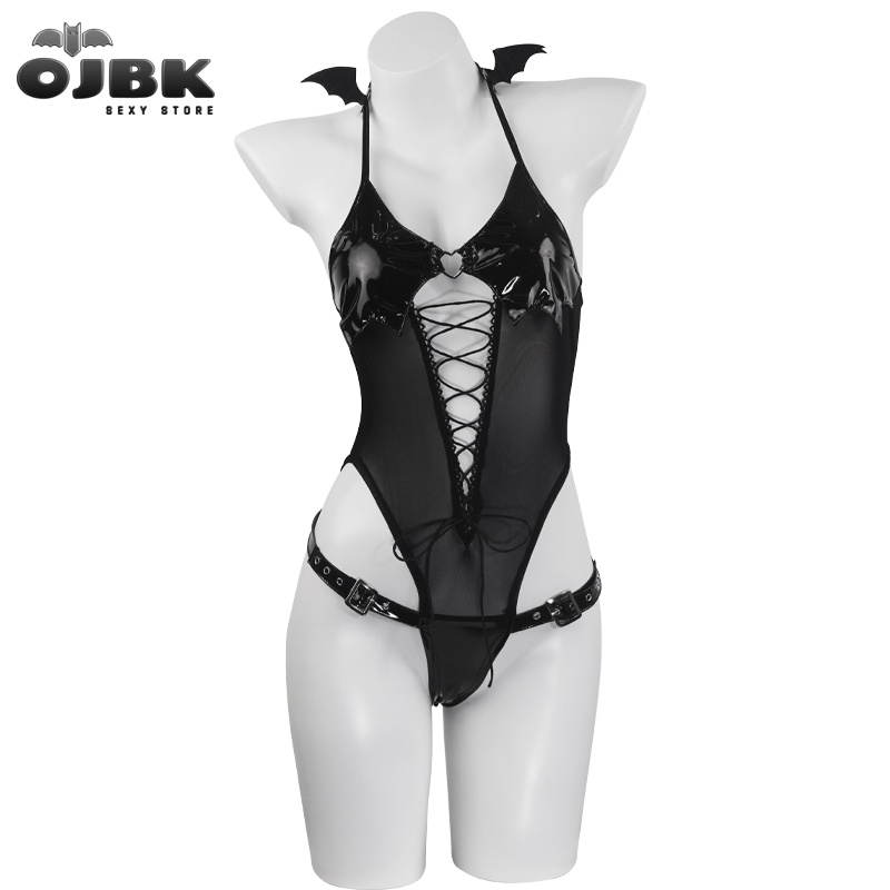 OJBK Women Devil Cosplay Lingerie Hollow Out Leather Underwear Set Anime Succubus Bandage Bodysuit W