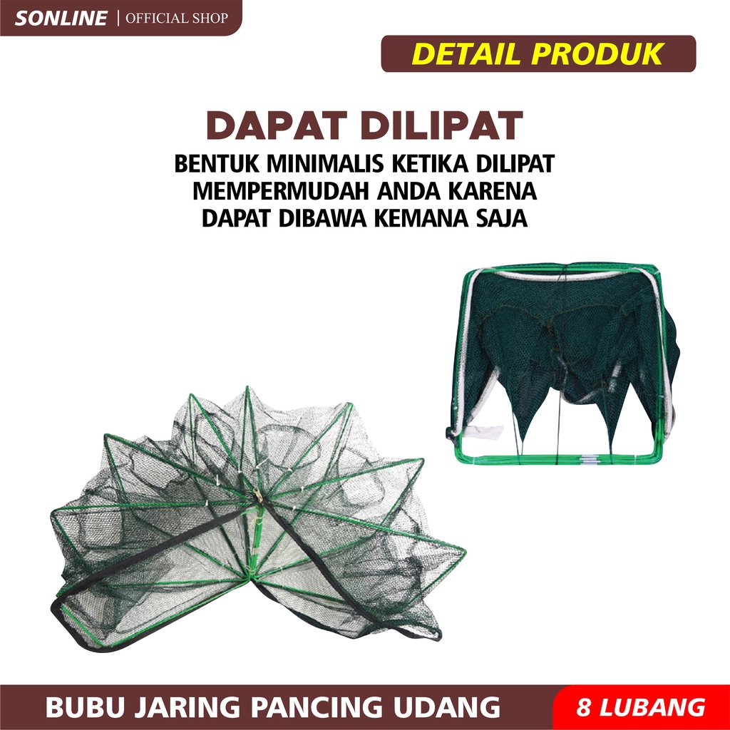 SONLINE Bubu Ikan Udang Jaring lubang Dilipat Portabel Hexagon Jaring ikan Udang Ikan Otomatis Perangkap Udang Ikan Mas Penangkap Kandang jaring 8 Lubang