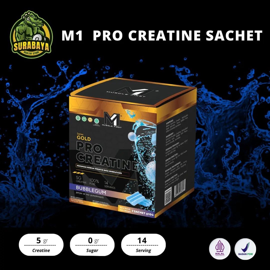 M1 Muscle First Gold Pro Creatine Monohydrate 7 Sachet 14 Serving Servings Serv BPOM HALAL Suplemen Fitness Bulking