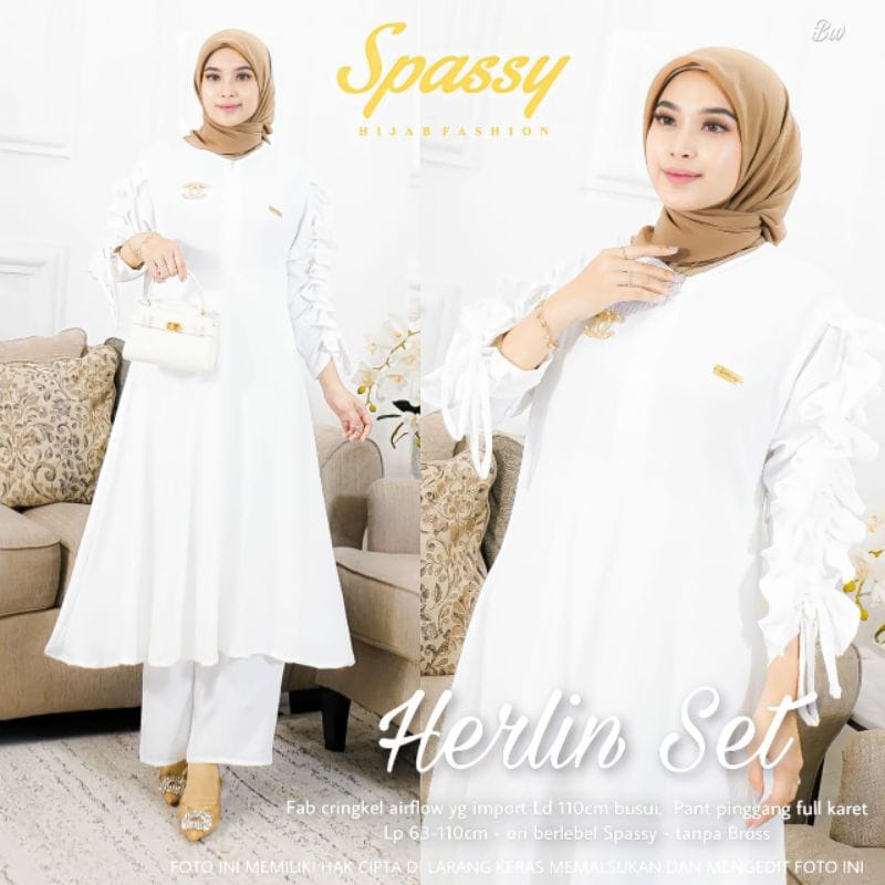 Setelan Wanita Terbaru Herlin Set Baju Putih Long Tunik Muslim Celana Panjang One Set Wanita Kekinian Matt Cringkle AirFlow