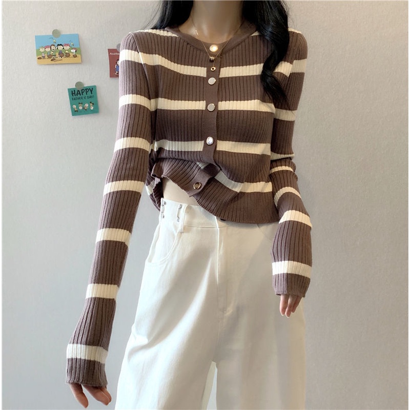 YIU YIU Rajut - Korea Cardigan Rajut Crop Stripe Sweater Cardigan Lengan Panjang