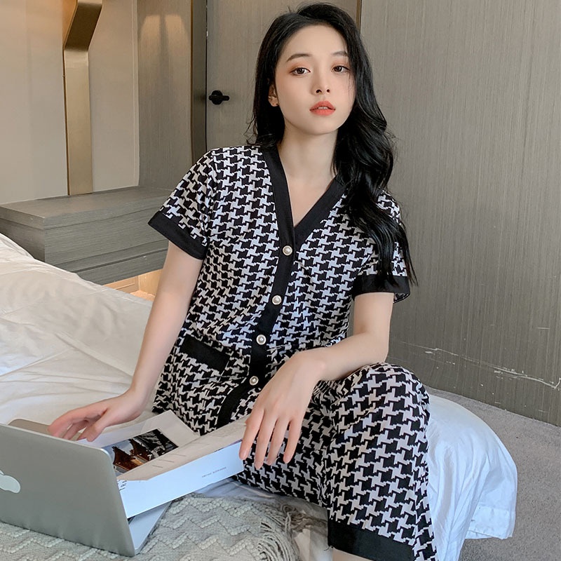 TELLY ➡️ 341set baju tidur Baru musim panas es sutra piyama wanita atasan lengan pendek + celana setelan homewear