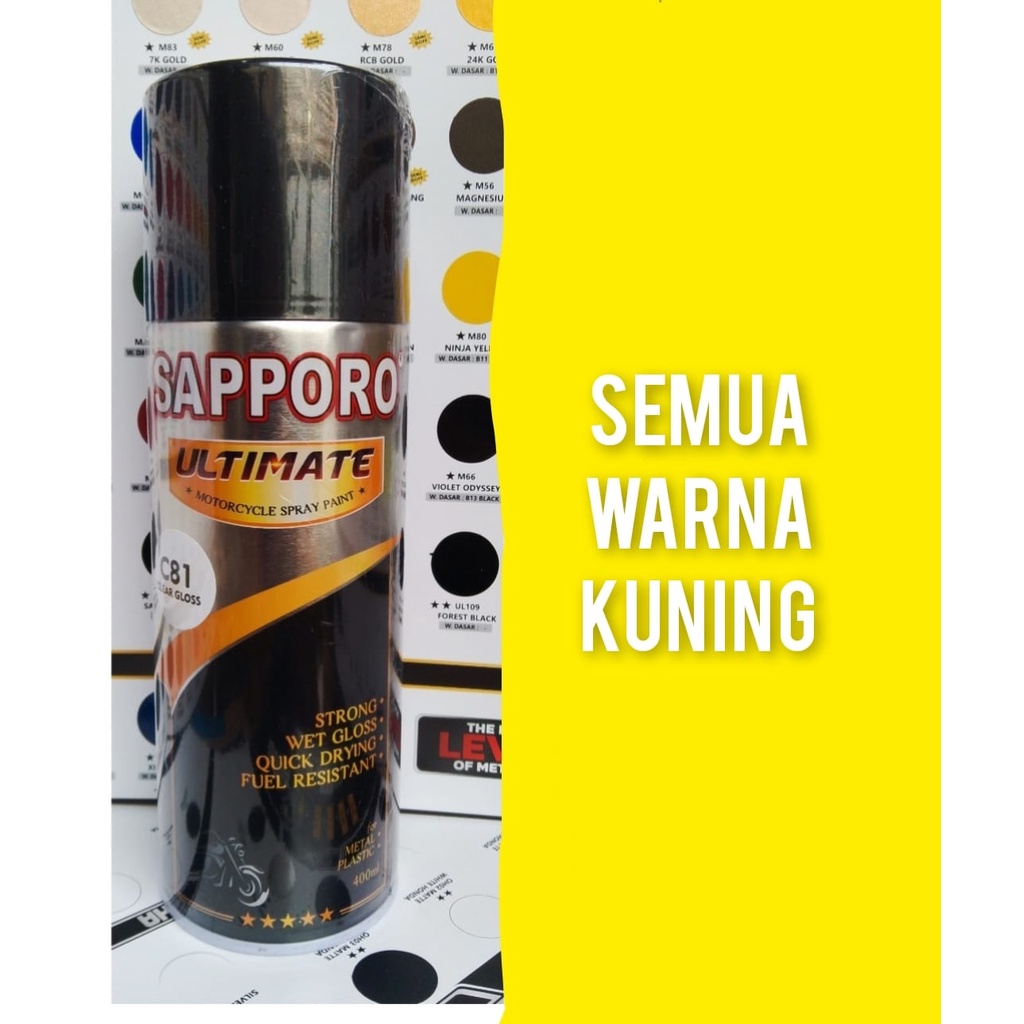 pilok pilox cat semprot cat spray sapporo ultimate 400ml varian kuning yellow s21 yellow s22 bumblebee s23 orange yellow sm02 smoke orange m80 ninja yellow m71 aerox yellow m61 24k gold m62 jkw gold