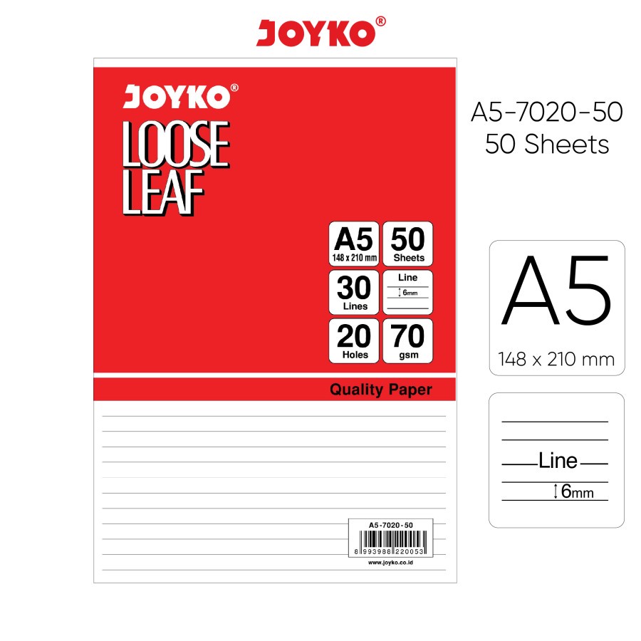 Loose Leaf Isi Kertas Binder Joyko A5-7020 Ruled Bergaris 50 Lembar
