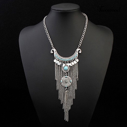 Kalung Rantai Choker Liontin Rumbai Panjang Turquoise Bahan Alloy Gaya Bohemian Untuk Wanita