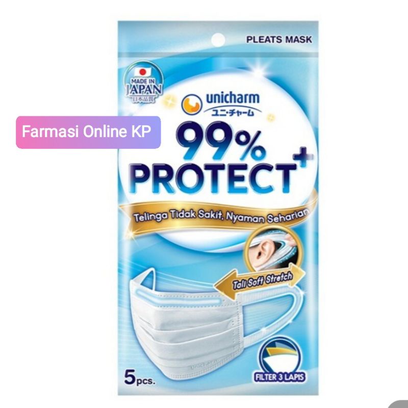 Unicharm Mask 99% Protect+ Pleats 5s Sachet isi 5 Masker Premium Murah COD