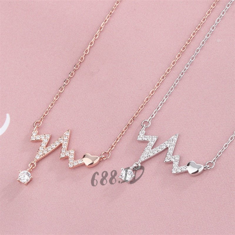Kalung Rantai Wanita Korea dengan Liontin Detak Jantung Heart Beat Aksen Kristal Berlian Warna Silver Gold Cantik Fashion Necklace Hits NL 15