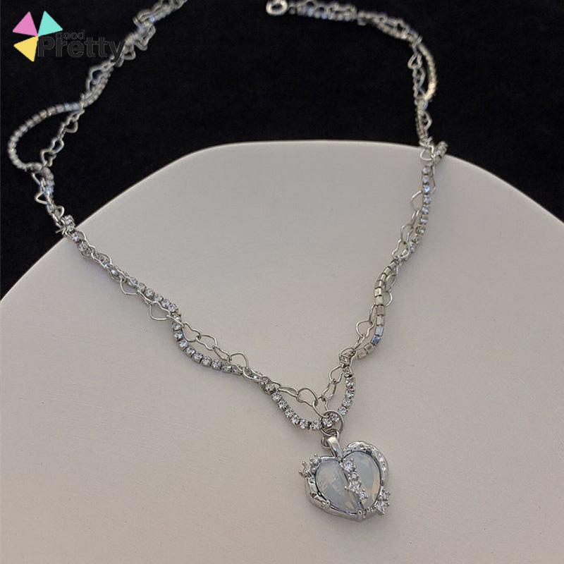 Kalung Rantai Multilayer Liontin Hati Aksen Zircon Untuk Perhiasan Wanita - PD