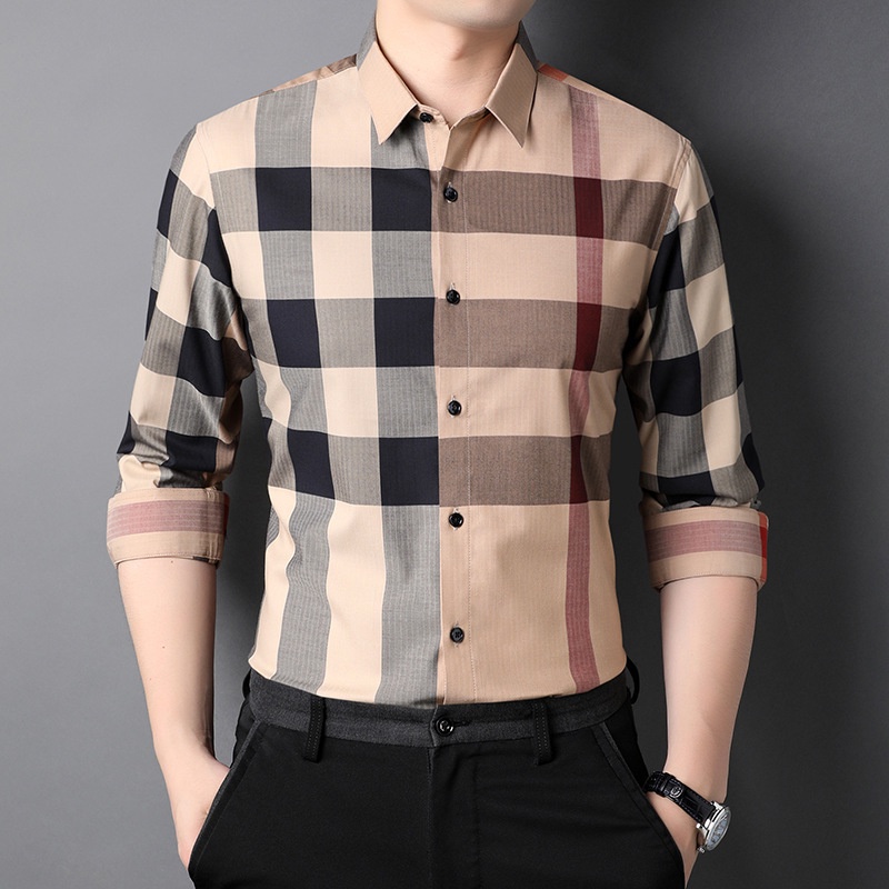 2022   Kemeja Pria Fashion Pemuda  Korea Kasual Kemeja Pria cetak Plaid Kerah Kemeja Pria