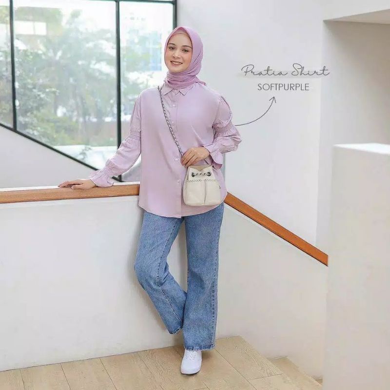 pratia shirt blouse lilac ungu lengan balon atasan perempuan wanita cewek