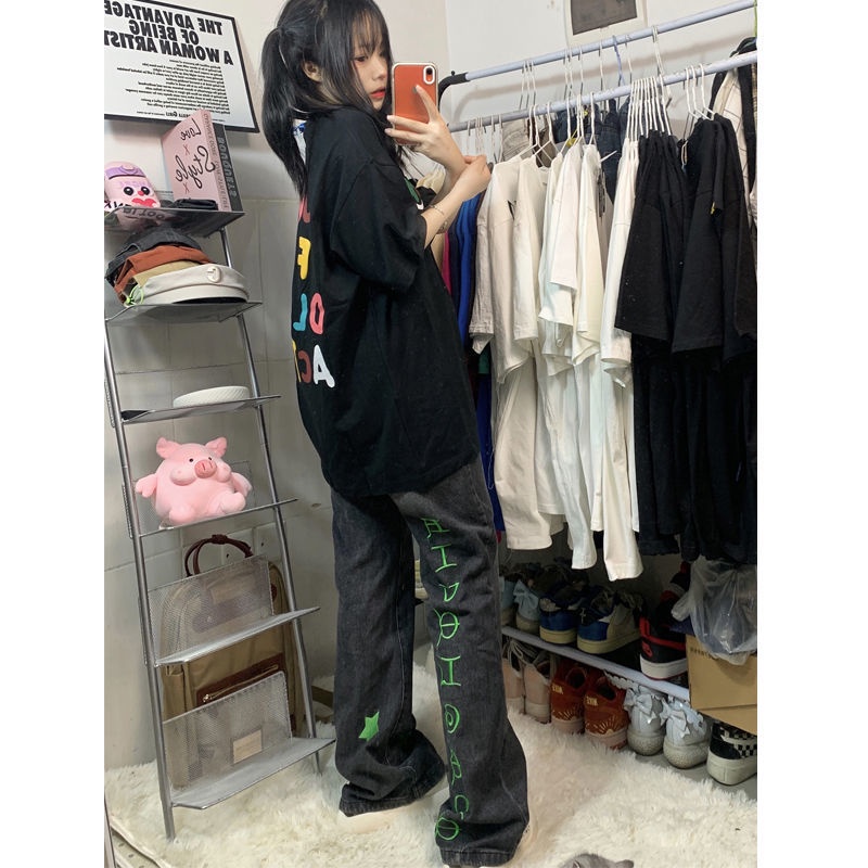 jeans bordir wanita 2022 baru street fashion celana lurus abu-abu asap celana