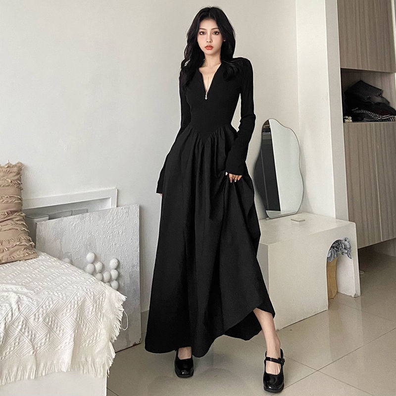 Sancokis dark simple casual all-match slim mid-length skirt temperamen baju longgar penutup daging wanita yang mengurangi usia