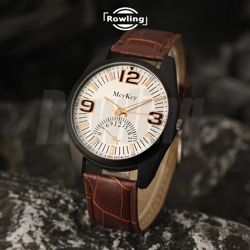 Rowling (Jam-84) Jam Tangan Pria Bulat MCyKey Jam Tangan Pria Quartz dengan Strap kulit Sintetis Hitam- Import TANPA ACCESORIS