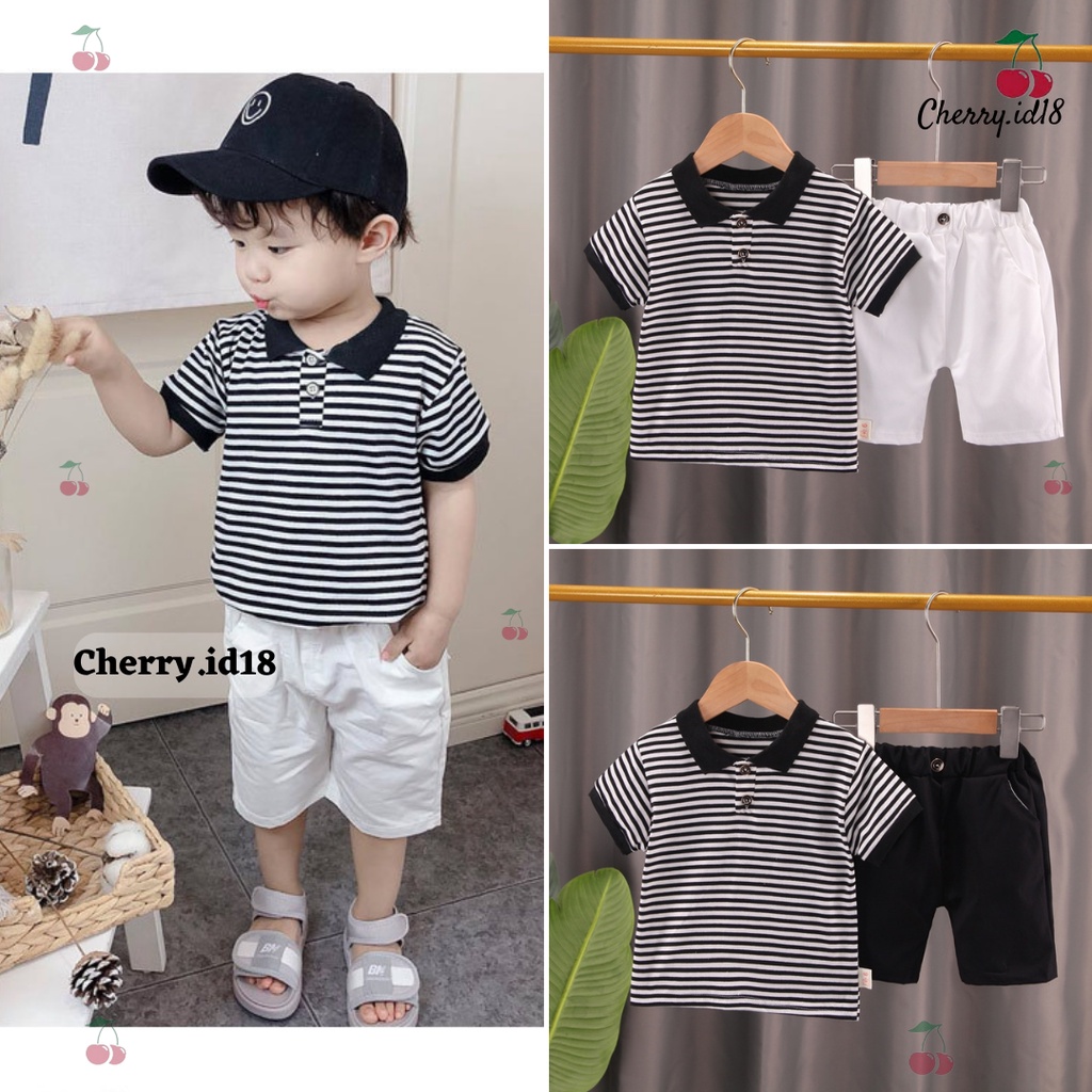 Cherry COD Setelan Baju Anak Cowok / Pakaian Anak Cowok Motif Garis-Garis SB23