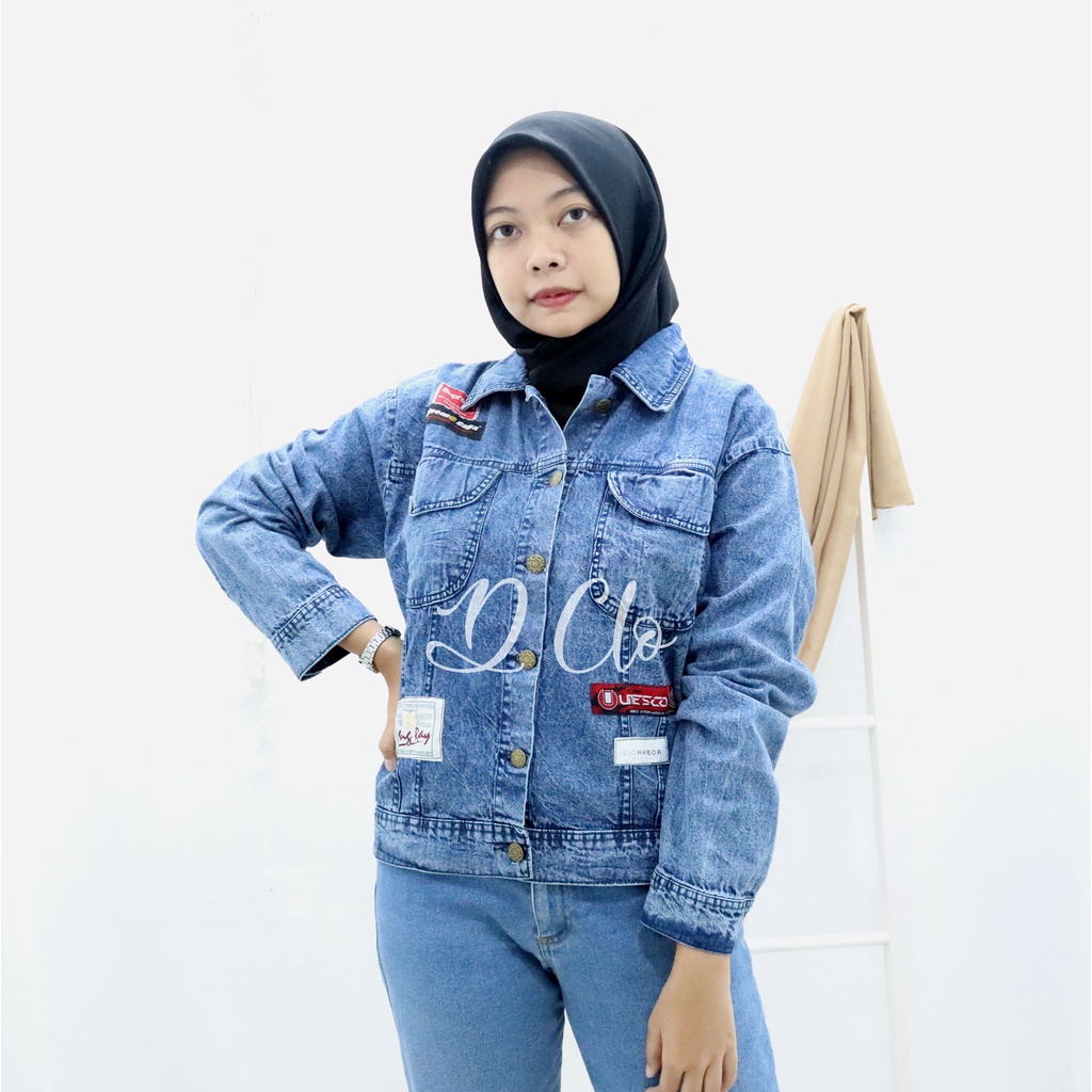 Jaket Jeans Kasual Wanita Dewasa Polos Fit To L LD 105 CM Bahan Jeans Premium Warna Dark Blue Kekinian /  Pakaian Atasan Wanita Terbaru