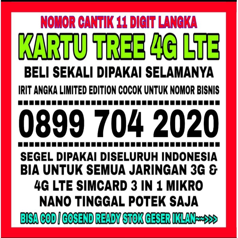 Nomor Cantik Bonus kuota 3GB nasional nomor 11 Digit Tree 4G LTE Langka termurah