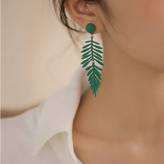 Anting 925 Silver Needle Bentuk Daun Hijau Gaya Retro Korea Hong Kong